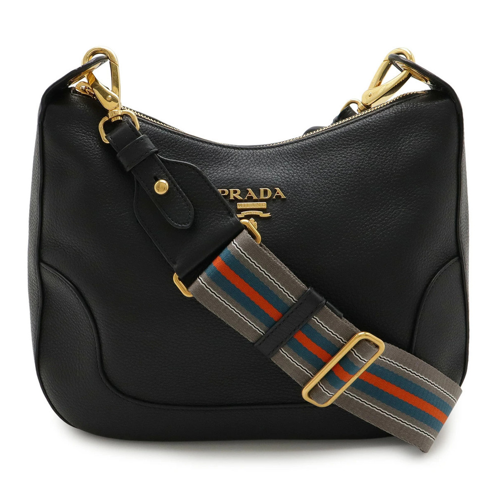 Prada Vitello Daino Shoulder Bag Striped Leather NERO Black